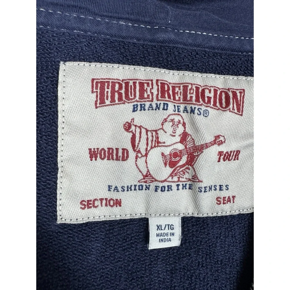 True Religion World Tour Buddha Full Zip Hoodie Navy Men's XL Y2K Casual Logo